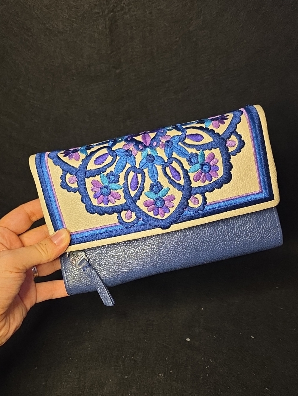 Retired Brighton Embroidered Blue Floral Continental Wallet
